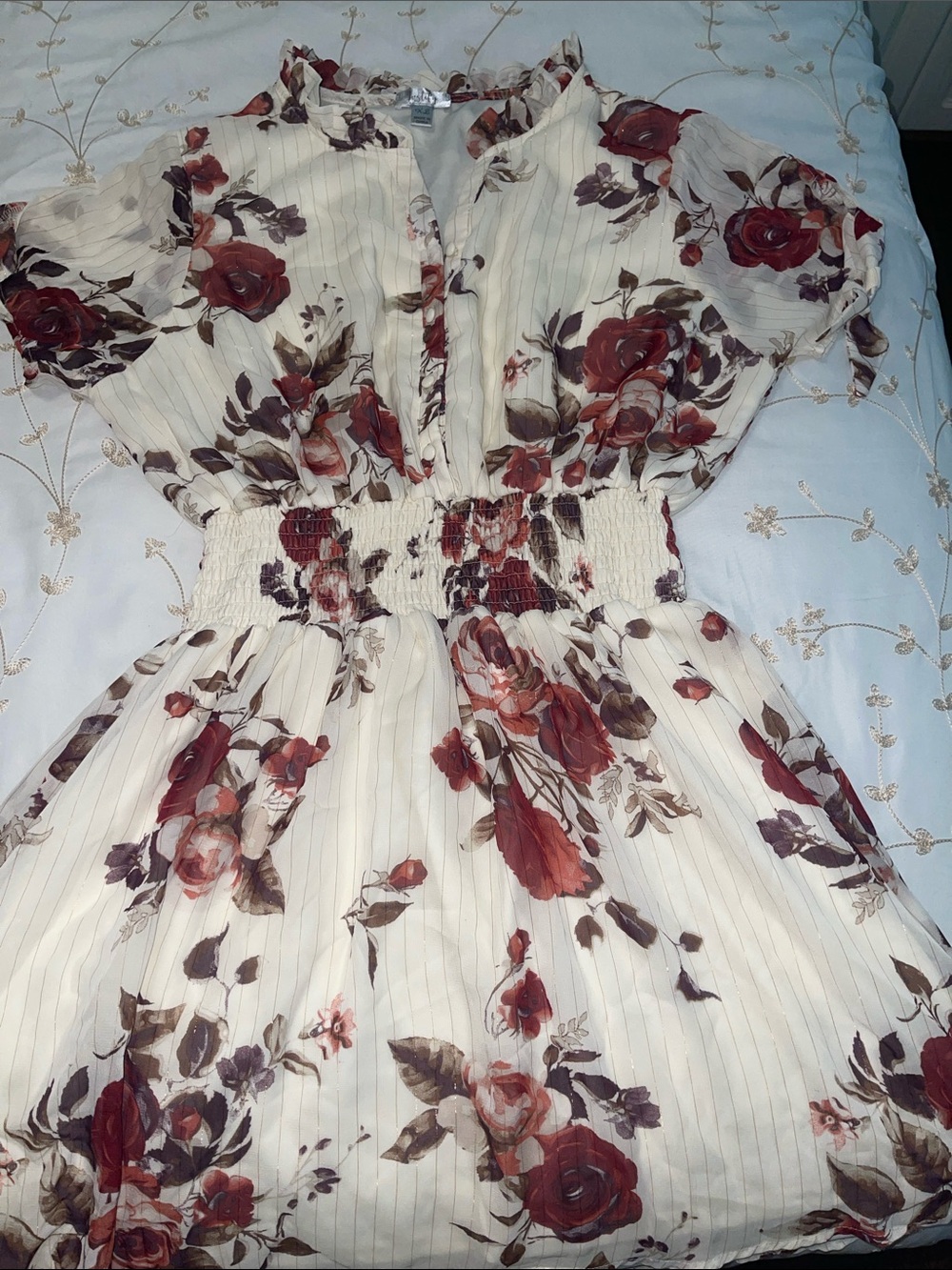 Justify Cream Floral Smocked Waist Mini Dress with Red Roses